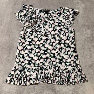 Banana Republic Navy Pink Floral Diagonal Pleated Ruffle Blouse Top Medium